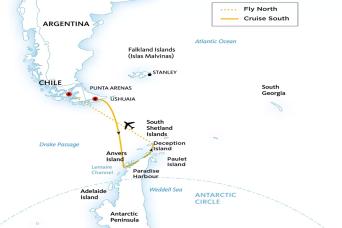 Map of the Antarctica expedition with flights from Buenos Aires