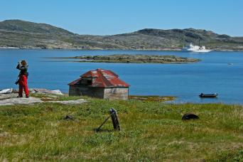 Hebron, Labrador, with ship in the background