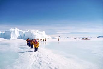 Walking the spectacular icescapes to reach the emperors