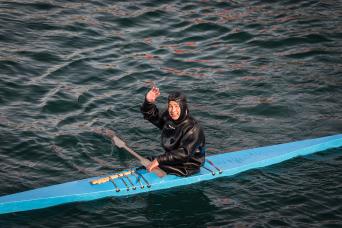 Zodiac cruising Greenland\'s impressive icebergs