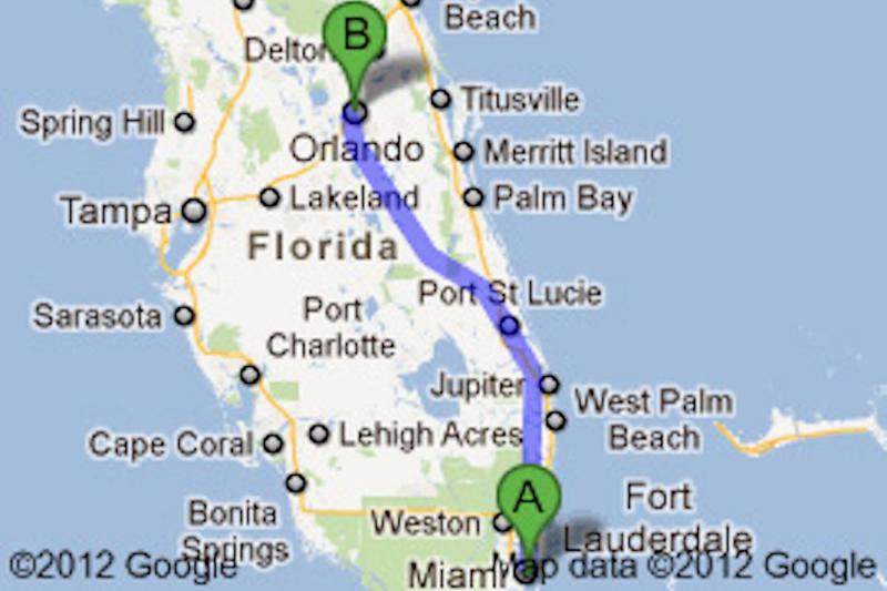 The route from Miami to Orlando